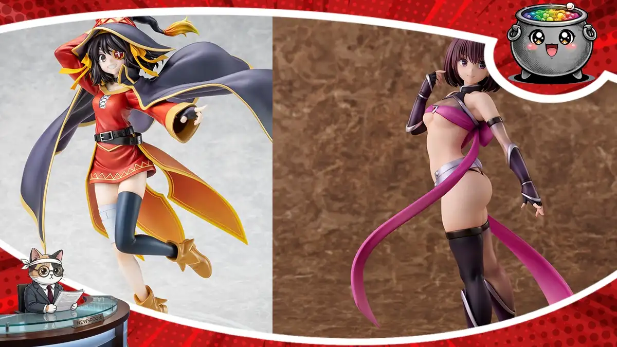 Kolekcja nowych figurek anime na rok 2026, prezentująca szczegółową postać Megumin z KonoSuba oraz stylową bohaterkę w fioletowym stroju, idealne dla każdego kolekcjonera.