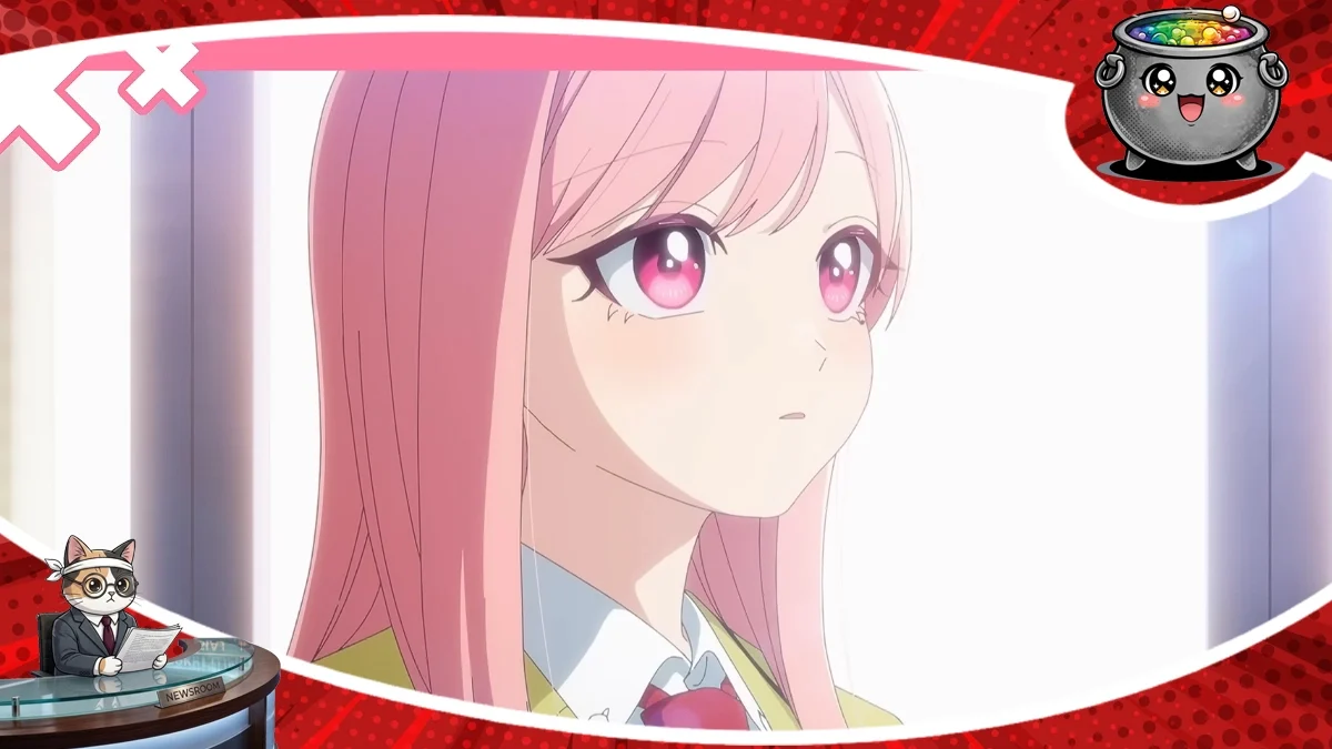 Kadr z zapowiedzi anime "Kusunoki's Flunking Her High School Glow-Up", przedstawiający główną bohaterkę o różowych włosach.