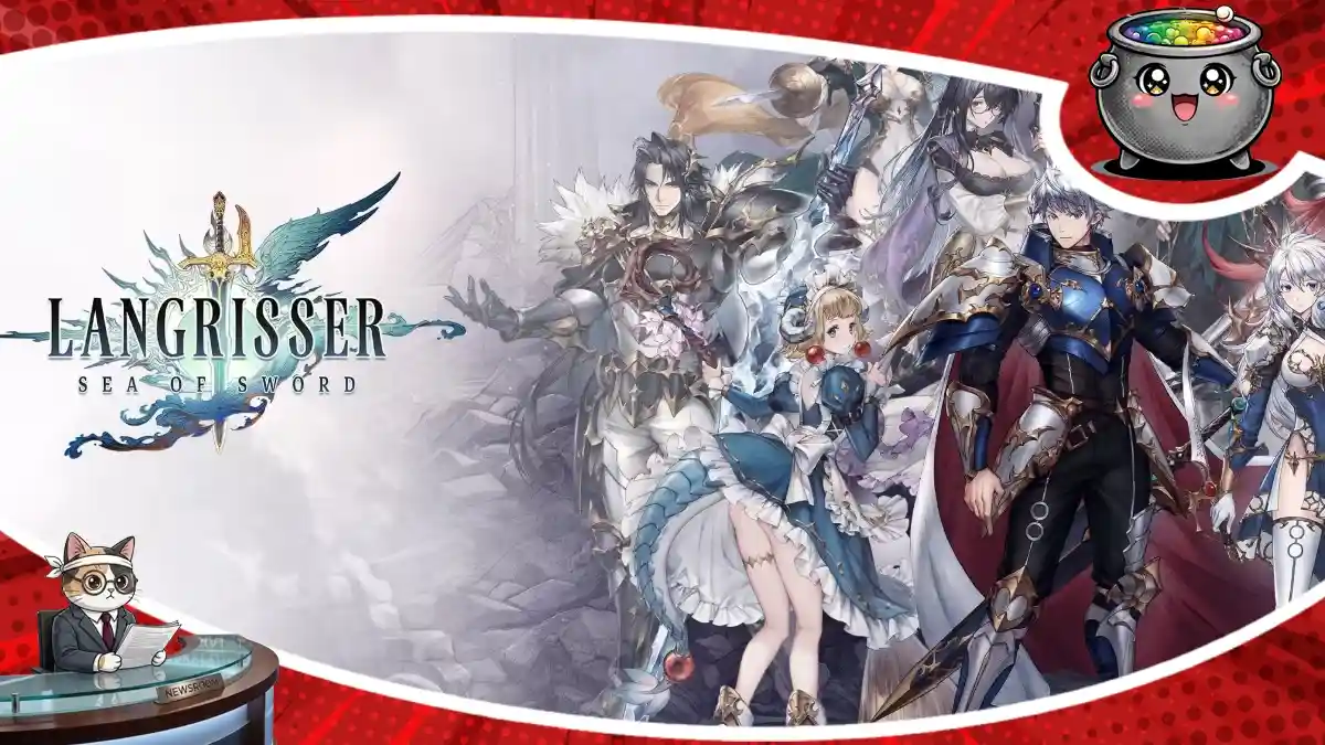 Grafika promująca grę Langrisser: Sea of Sword przedstawiająca tytułowe logo oraz postacie w zbrojach, zwiastująca nową odsłonę popularnej serii RPG.
