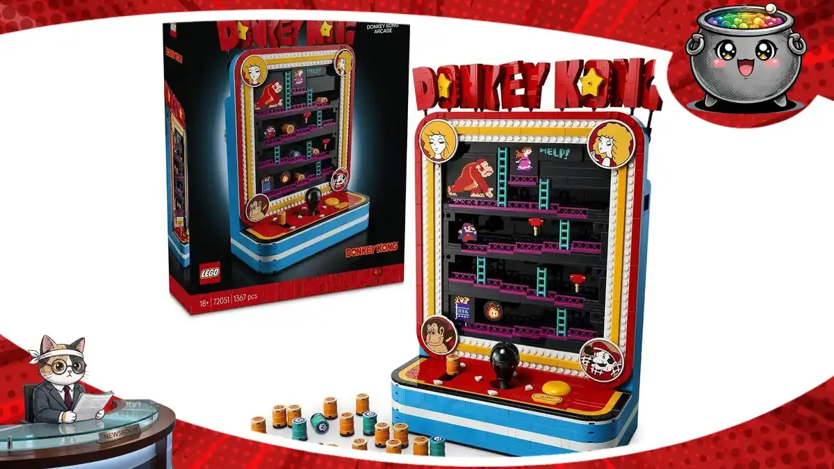 Zestaw LEGO Donkey Kong Arcade Game z 1367 elementów odtwarzający klasyczny automat z ruchomymi beczkami i panelem sterowania. 