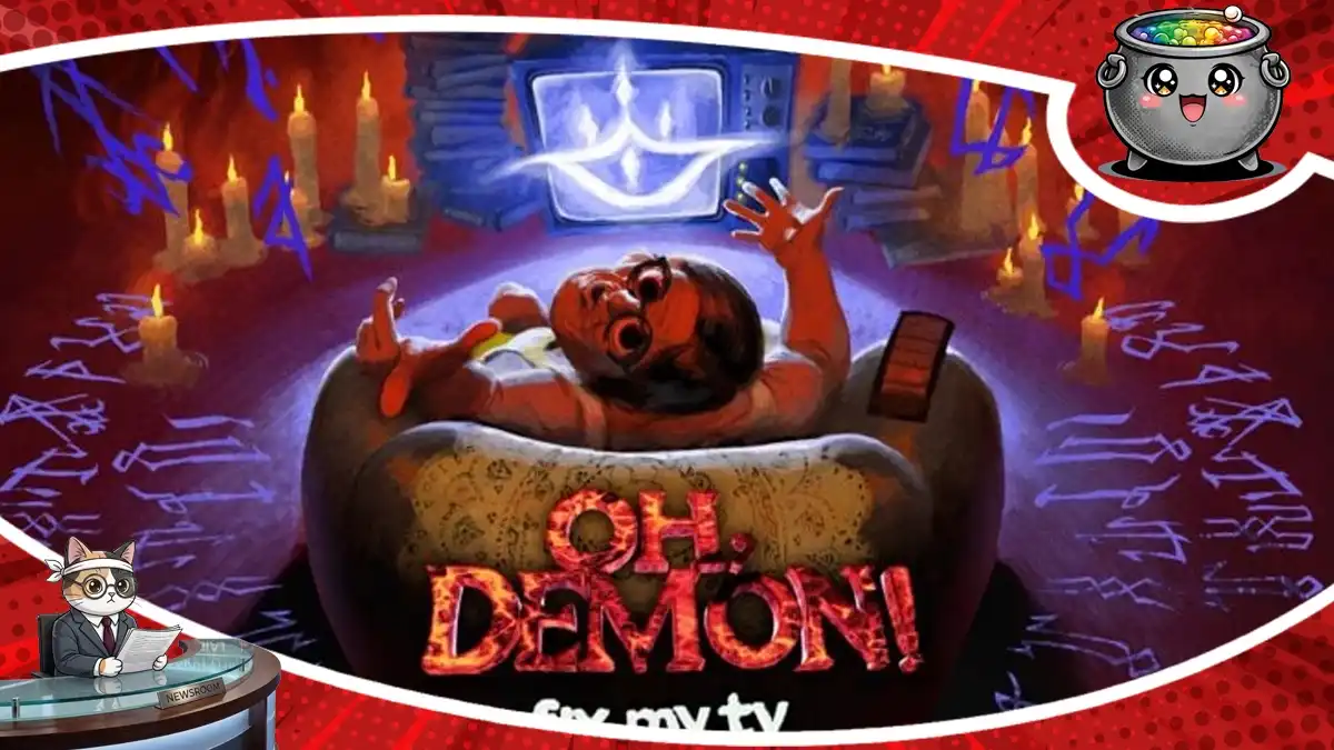 Dziwaczna scena z gry OH, DEMON! Fix My TV zmierzającej na konsolę PS5, łącząca elementy horroru oraz komedii w tej nietypowej i mrocznej przygodzie.