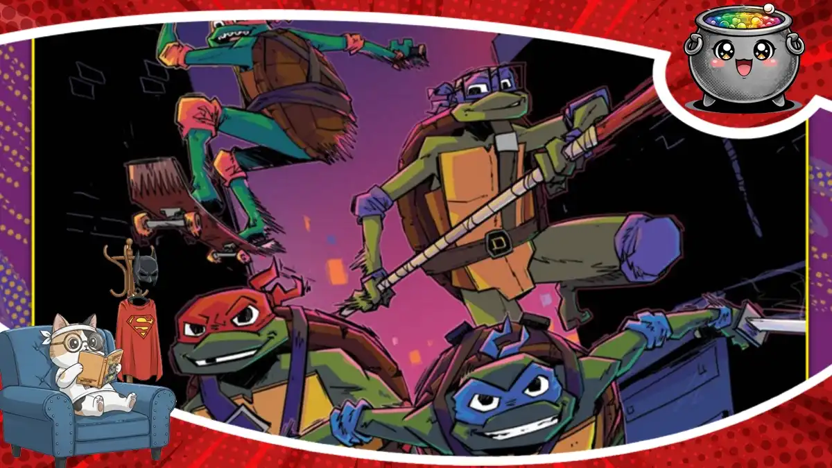 Dynamiczna grafika przedstawiająca Wojownicze Żółwie Ninja w akcji, promująca recenzję pierwszego tomu komiksu Opowieści Wojowniczych Żółwi Ninja.