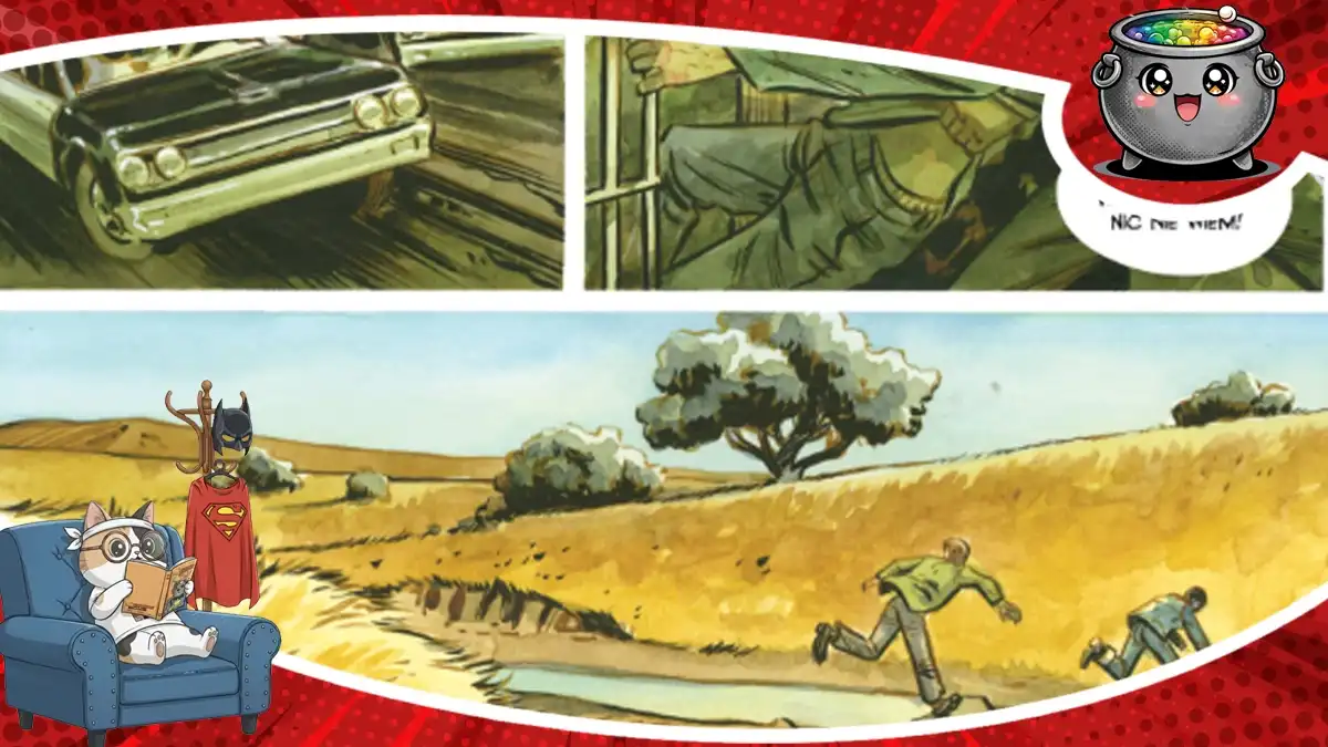 Kadry z komiksu Po ucieczce z Alcatraz, ukazujące uciekających mężczyzn, pościg samochodowy oraz scenę w więzieniu.