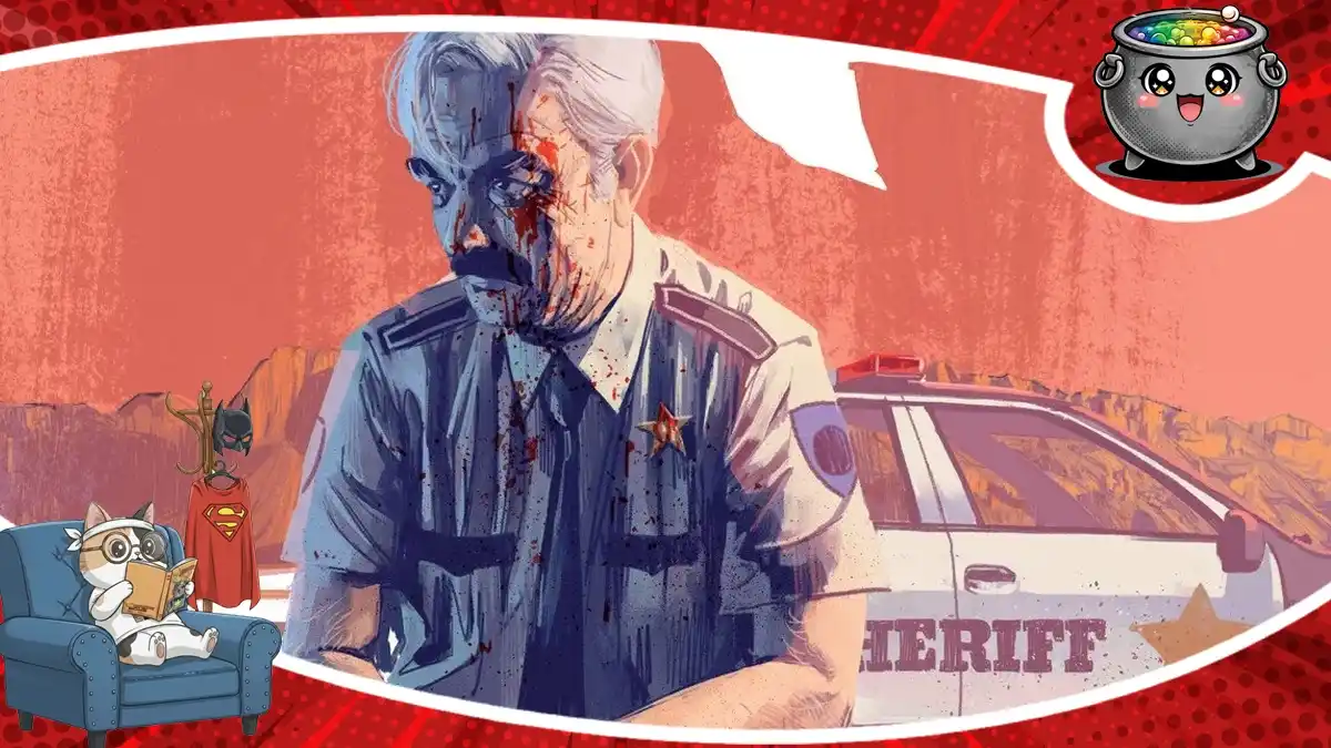 Zbroczony krwią szeryf na tle radiowozu w pierwszej części surowego kryminału Ta Teksańska Krew, będącego głównym tematem naszej dzisiejszej recenzji komiksu.