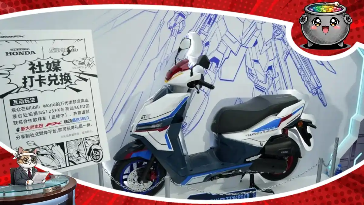 Zdjęcie kolekcjonerskiego skutera Sundiro Honda zainspirowanego serią Gundam SEED FREEDOM, zaprezentowanego na specjalnym stoisku wystawowym.