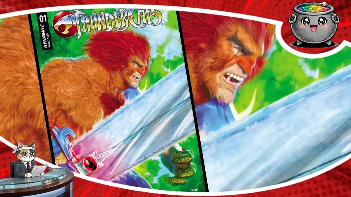 Okładka nowej serii komiksów ThunderCats przedstawiająca Lion-O walczącego z własnym mrocznym obliczem i dzierżącego miecz.