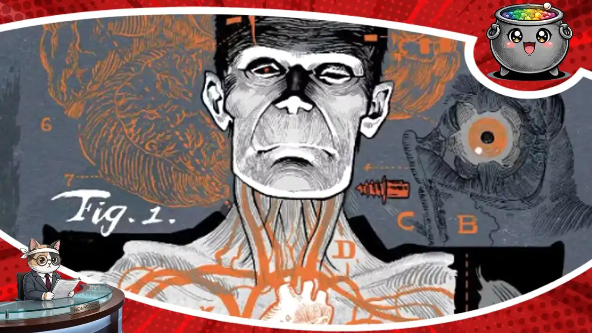 Grafika promocyjna specjalnej, czarno-białej edycji wydania poświęconego Frankensteinowi z serii Universal Monsters, utrzymana w stylu anatomicznego szkicu.