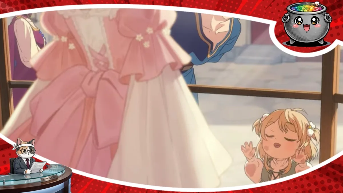 Urocza scena z popularnej gry o wychowaniu córki Volcano Princess, ukazująca postać w ozdobnej sukni, zapowiadająca premierę produkcji na konsole PS5 oraz Nintendo Switch.