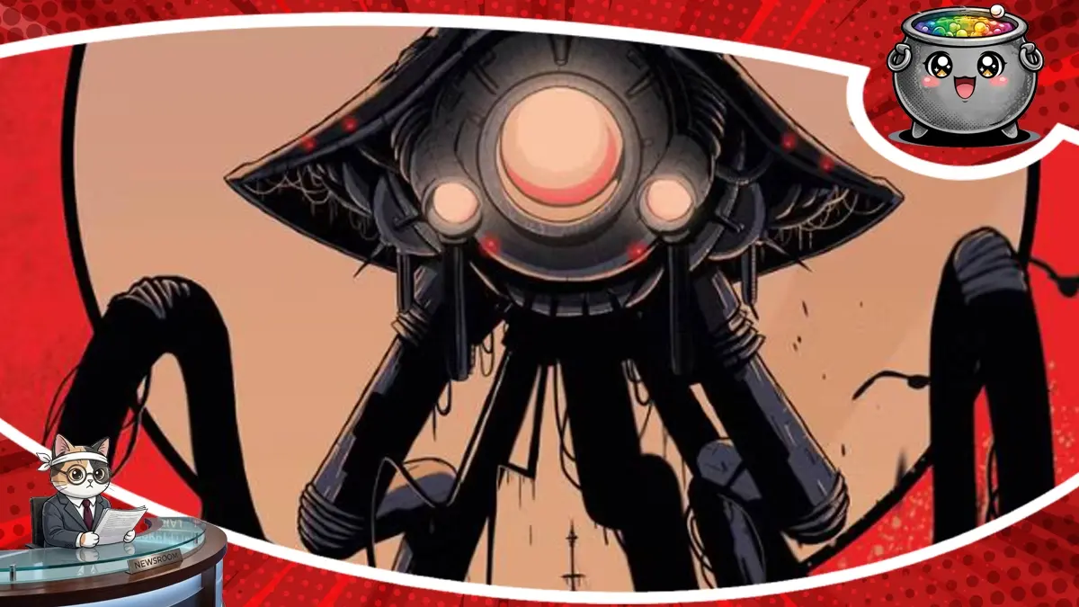 Ilustracja ukazuje mroczny klimat starcia z maszynami, zapowiadając powrót klasycznej historii War of the Worlds: Thunder Child w formie komiksu, którego premiera planowana jest na nieznany termin.