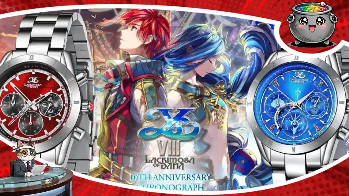 Dwa limitowane modele zegarków naręcznych wydane na 10-lecie gry Ys VIII: Lacrimosa of DANA (gra wychodzi na PC, PS4, PS5, Switch, PS Vita), w wersji czerwonej i niebieskiej, prezentowane obok postaci Adola i Dany.