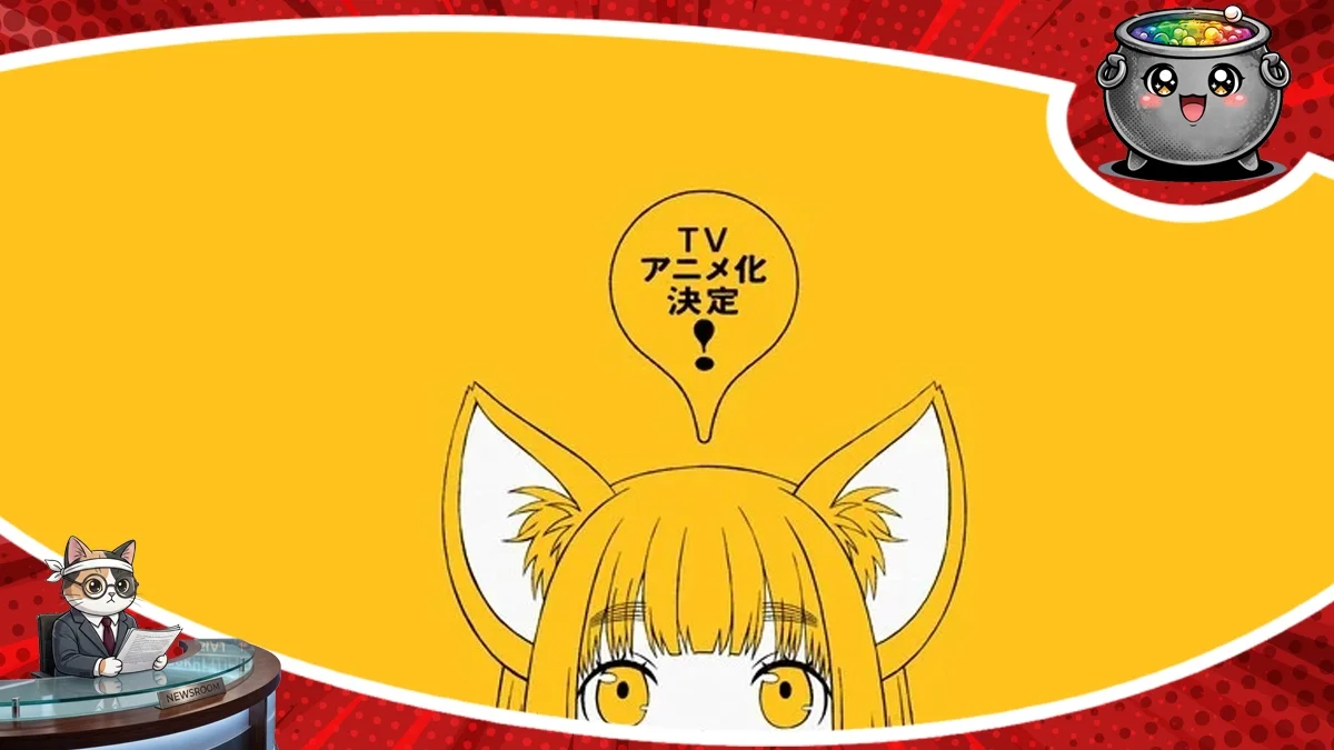 Grafika zapowiadająca adaptację anime mangi Yurayura Q od twórcy Słodkiego życia, przedstawiająca postać z charakterystycznymi uszami i dymkiem informującym o serialu TV.