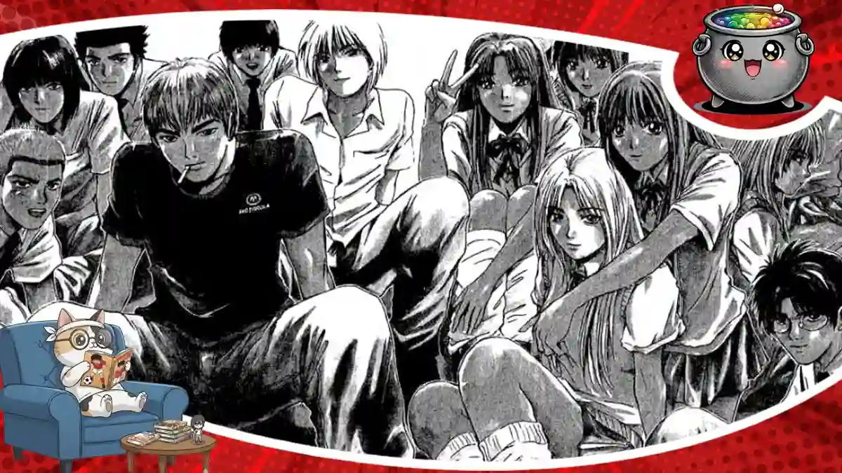 Czarno-biała ilustracja z mangi GTO Great Teacher Onizuka przedstawiająca Eikichiego Onizukę z papierosem w ustach w otoczeniu swoich uczniów.