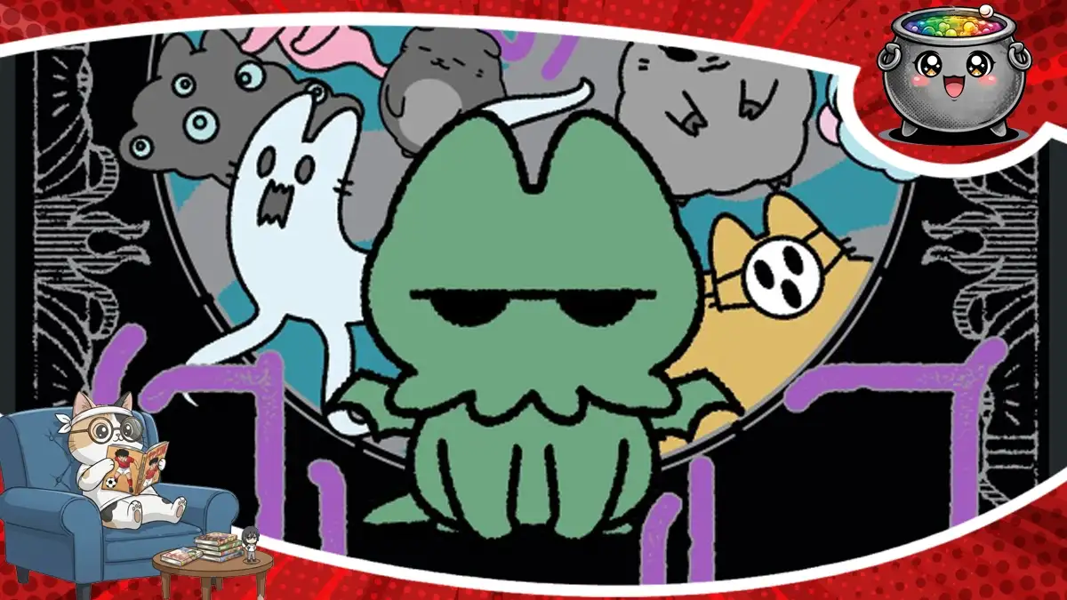 Uroczy zielony kotek w stylu Cthulhu z mackami na tle kolorowych potworków, pochodzący z rysunkowego kadru komiksu i mangi Kothulhu.