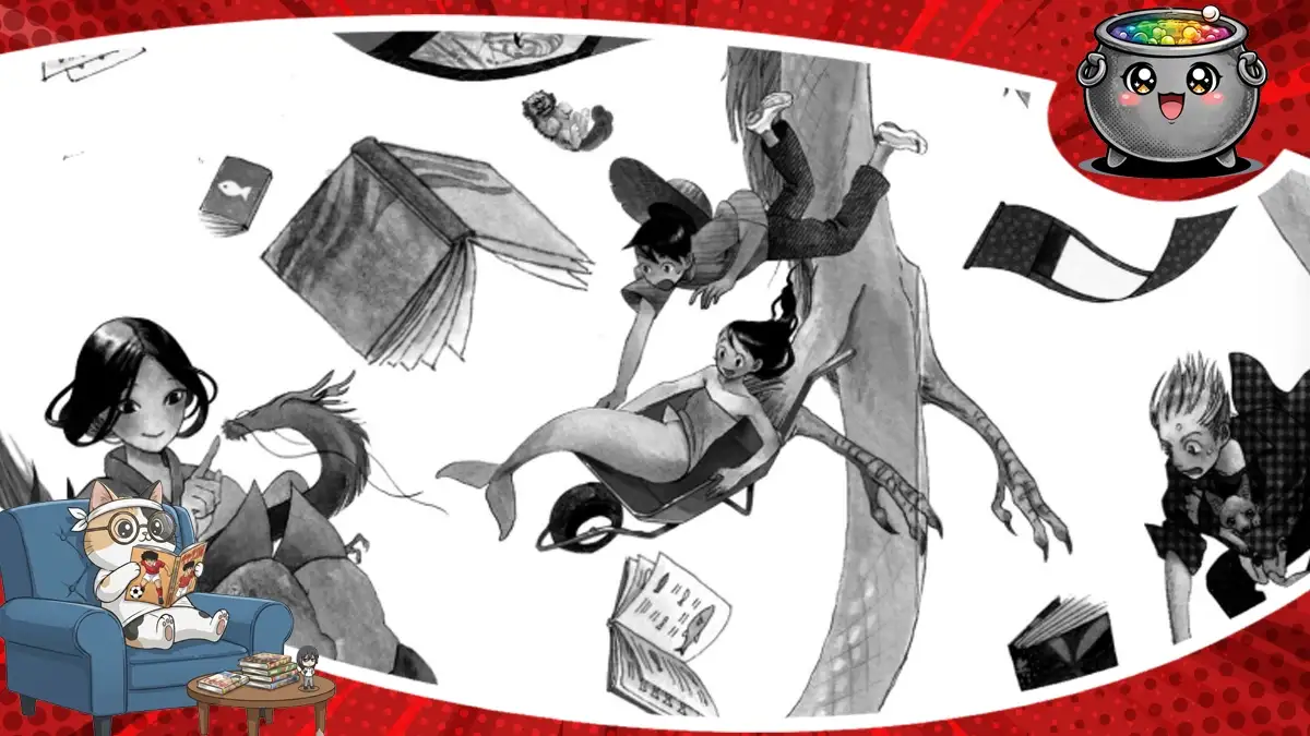Fantastyczna ilustracja z recenzji mangi Siedmioro uroczych dzieci smoka przedstawiająca syrenę w taczkach, smoka i unoszące się w powietrzu książki.