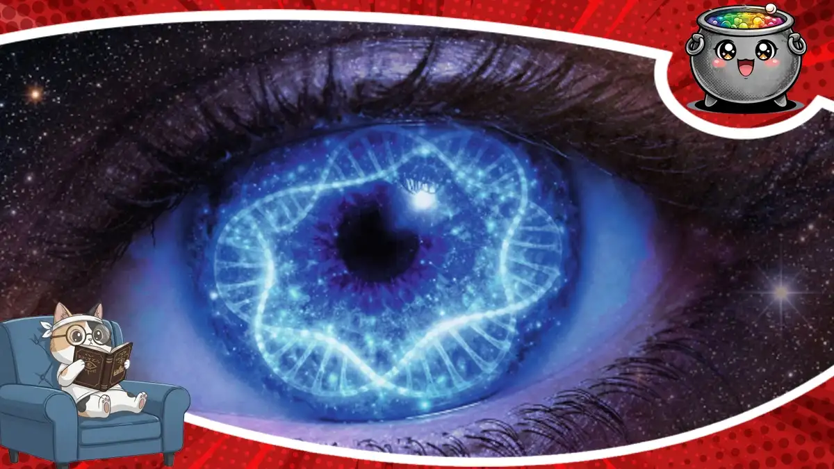 Grafika do recenzji książki A jak Andromeda, przedstawiająca wielkie ludzkie oko z widoczną strukturą kodu DNA oraz rozgwieżdżoną galaktyką wewnątrz tęczówki.