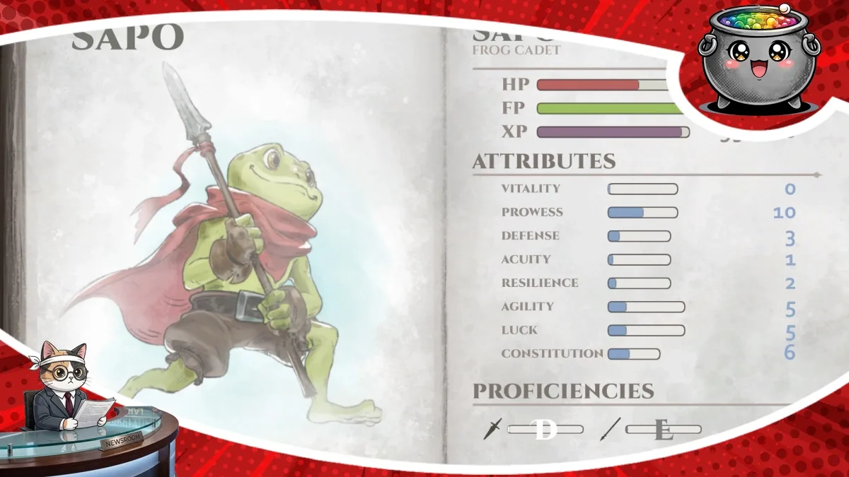 Karta postaci Sapo w klasycznym stylu retro z zapowiedzianej gry turowej RPG Amphibian, ukazująca żabiego wojownika z włócznią oraz jego statystyki.