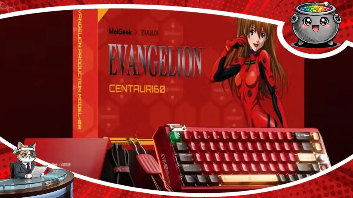 Grafika do newsa o limitowanej klawiaturze mechanicznej Evangelion Centauri 60 inspirowanej postacią Asuki, pokazująca czerwone akcesoria i opakowanie.