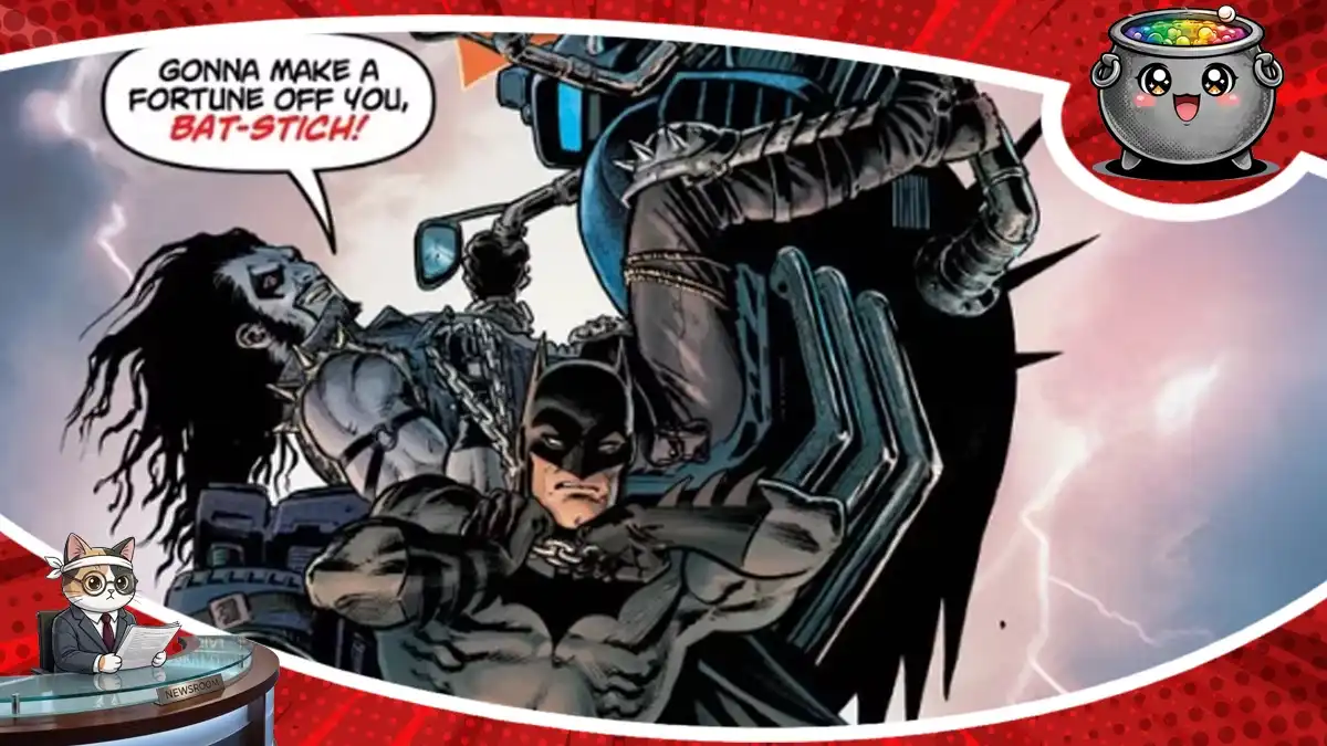 Dynamiczny kadr z komiksu DC przedstawiający szalone starcie i współpracę Batmana z Loobem podczas ich nietypowego crossovera.
