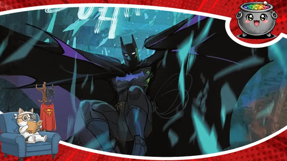 Grafika z recenzji komiksu Batman: Miasto szaleństwa przedstawiająca mroczną sylwetkę Batmana z rozpostartymi skrzydłami w niebiesko-fioletowej tonacji.