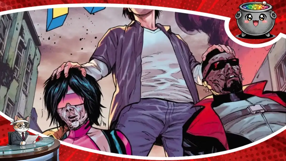 Kadr z komiksu Marvela przedstawiający postać Blade'a oraz bohaterów z uniwersum X-Men w nowej, zaskakującej historii crossoverowej.