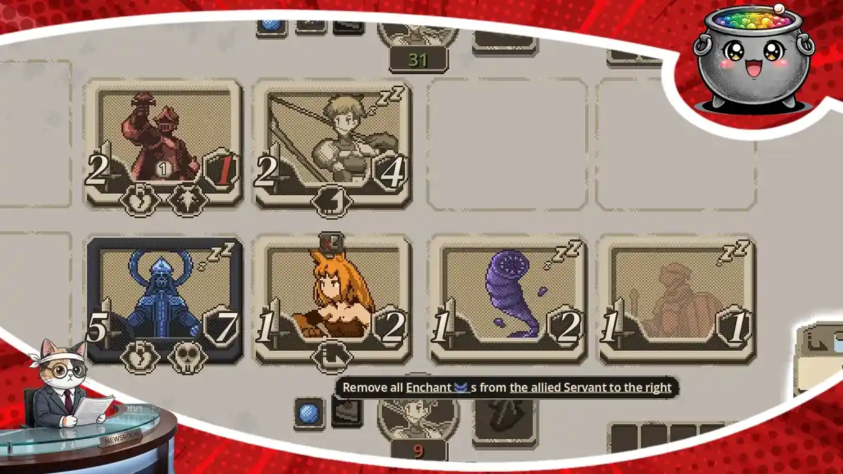 Pikselowy zrzut ekranu przedstawiający stół do gry w karciankę Card Make Arena z ośmioma własnoręcznie stworzonymi kartami postaci i zaklęć, posiadającymi własne statystyki oraz efekty.
