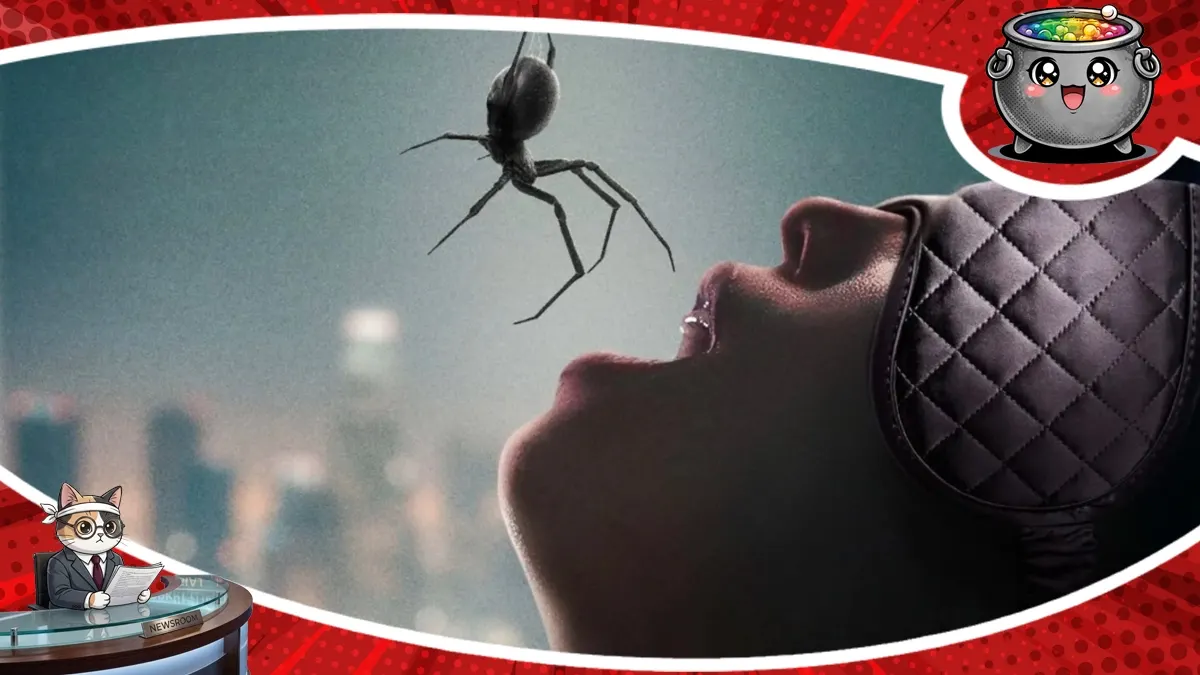 Mroczna grafika z gry Crawlers przedstawiająca profil osoby z zasłoniętymi oczami oraz czarnego pająka wiszącego tuż nad jej otwartymi ustami.