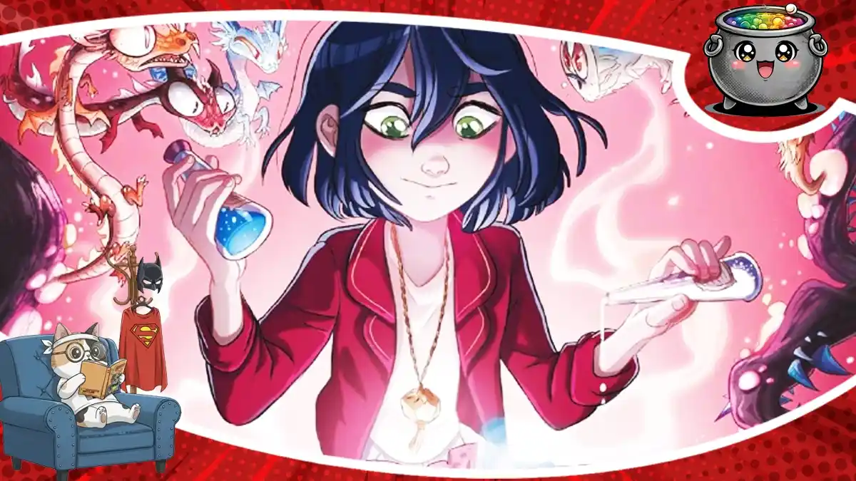 Kolorowa ilustracja przedstawiająca główną bohaterkę serii Czarolina z fiolkami w dłoniach w otoczeniu smoków, towarzysząca recenzji siódmego tomu komiksu.