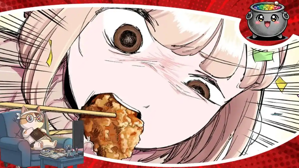 Dynamiczny kadr z mangi Dokagui Daisuki! Mochizuki-san przedstawiający bohaterkę z wielkim zaangażowaniem zajadającą się potrawą.