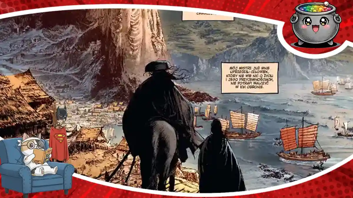 Grafika do recenzji komiksu Droga Miecza, przedstawiająca postać w czarnym płaszczu na tle nadmorskiego krajobrazu z tradycyjnymi łodziami i dymkiem dialogowym.