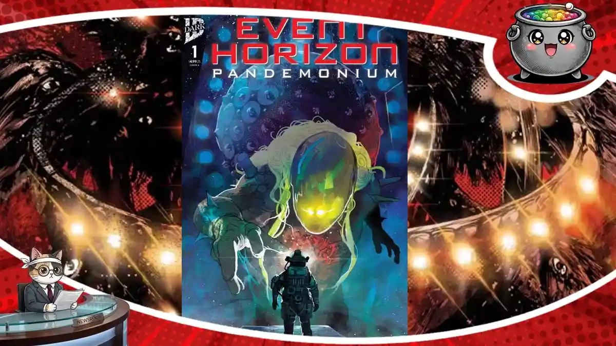Okładka pierwszego zeszytu komiksu Event Horizon: Pandemonium od wydawnictwa IDW Dark, przedstawiająca astronautę stojącego naprzeciw gigantycznej, świecącej istoty w przestrzeni kosmicznej.