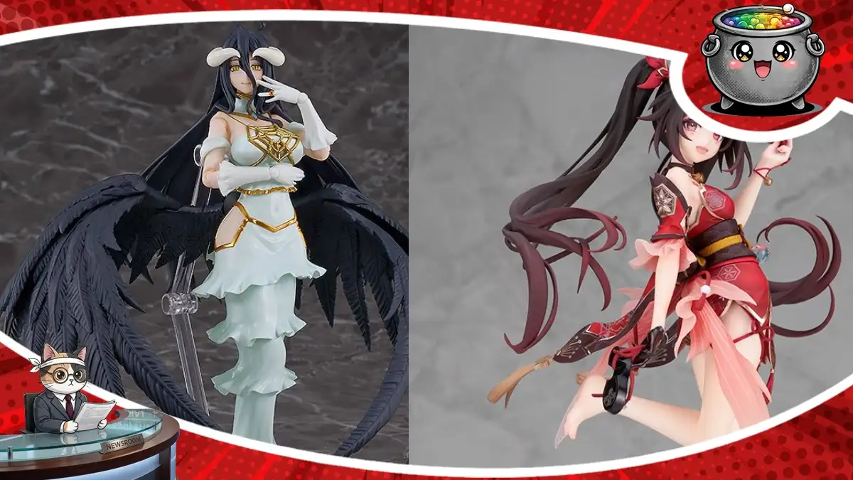 Kolaż przedstawiający figurki kolekcjonerskie z anime i gier: po lewej Albedo z Overlord ze skrzydłami w sukni, po prawej Sparkle z Honkai Star Rail w czerwono-czarnym stroju.