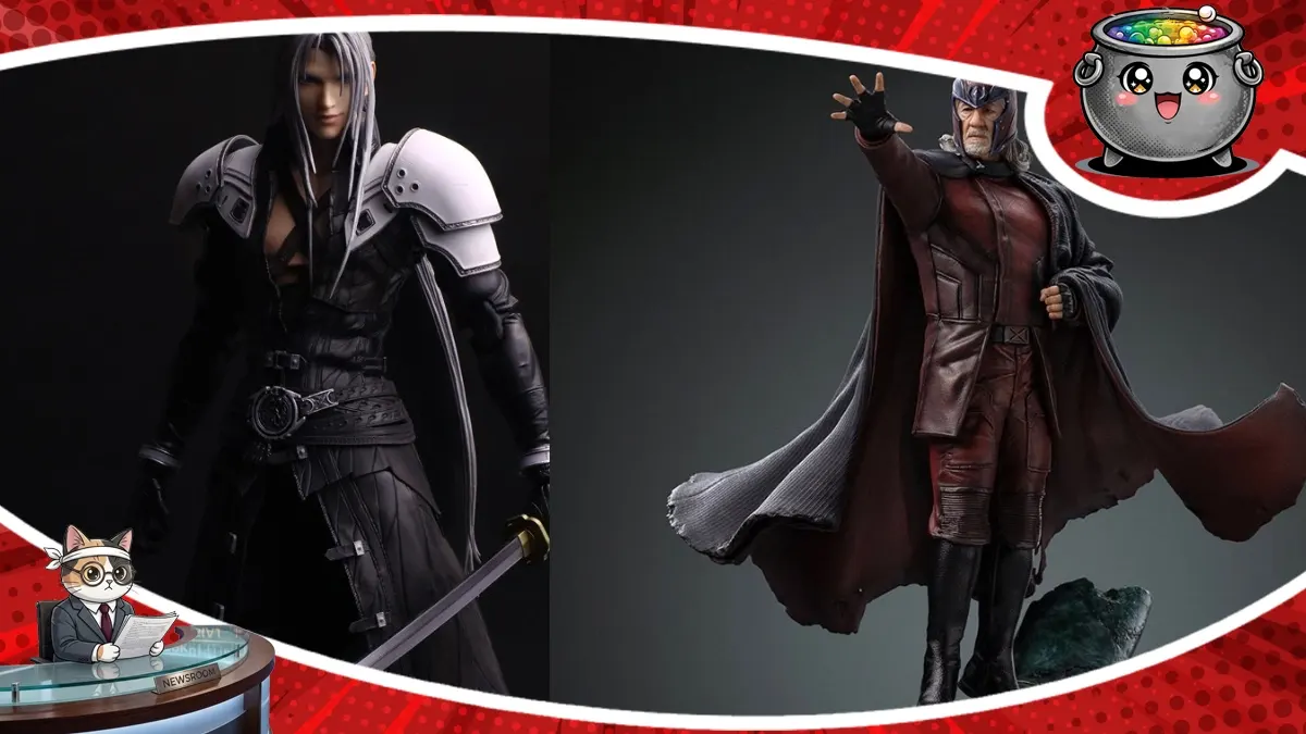 Kolaż przedstawiający szczegółowe figurki kolekcjonerskie: po lewej Sephiroth z Final Fantasy VII z długim mieczem Masamune, po prawej Magneto z Marvela w wyciągniętej, majestatycznej pozie.
