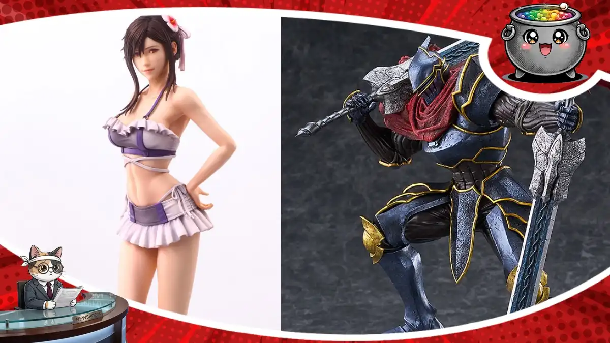 Kolaż przedstawiający figurki kolekcjonerskie: po lewej Tifa Lockhart z Final Fantasy VII w stroju kąpielowym, po prawej Momon z Overlord w ciężkiej, ciemnej zbroi z mieczem.