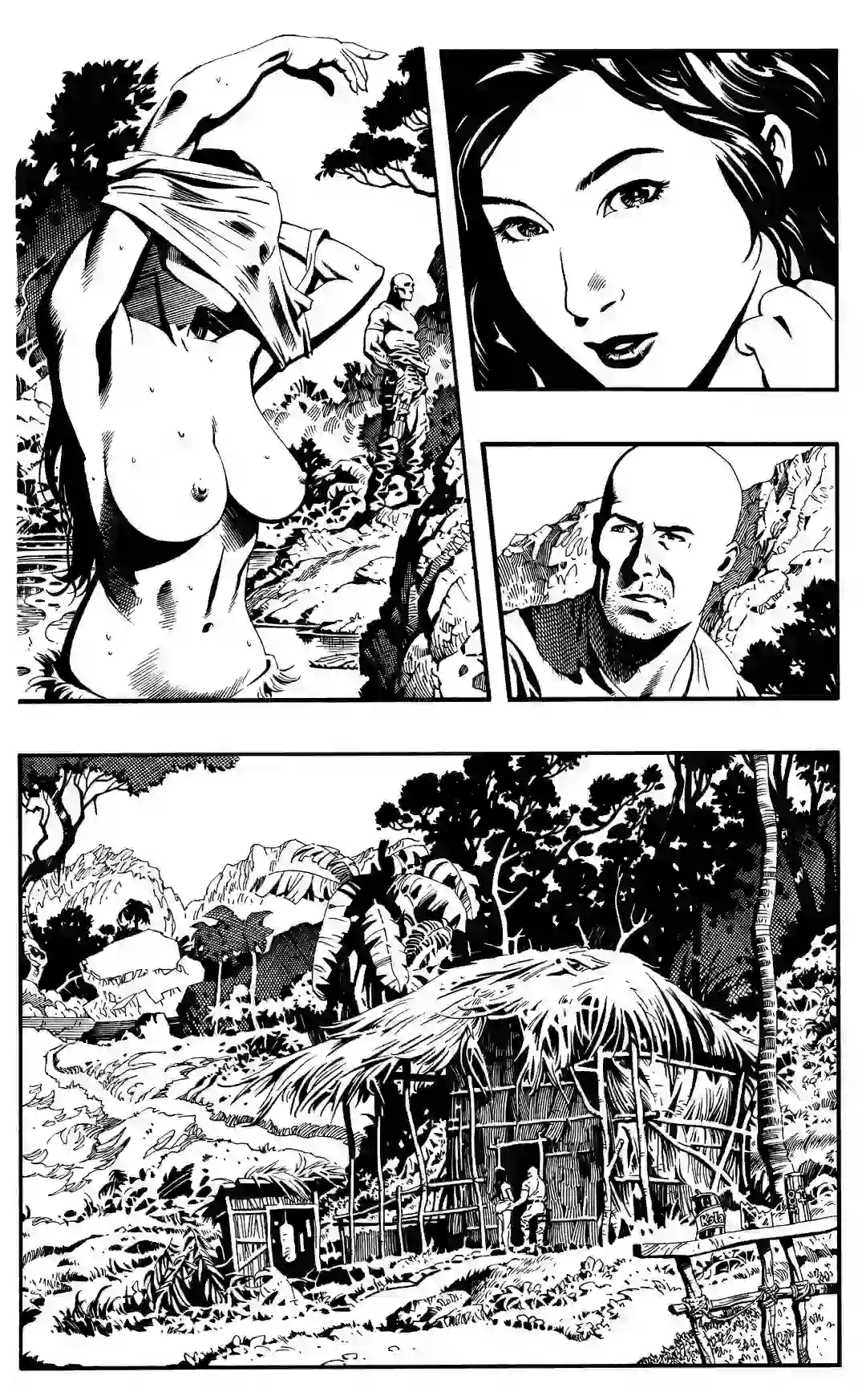 Czarno-biała strona z komiksu przedstawiająca kobiecą postać zdejmującą koszulkę przy rzece, portret twarzy, wizerunek łysego mężczyzny oraz chatę w dżungli.