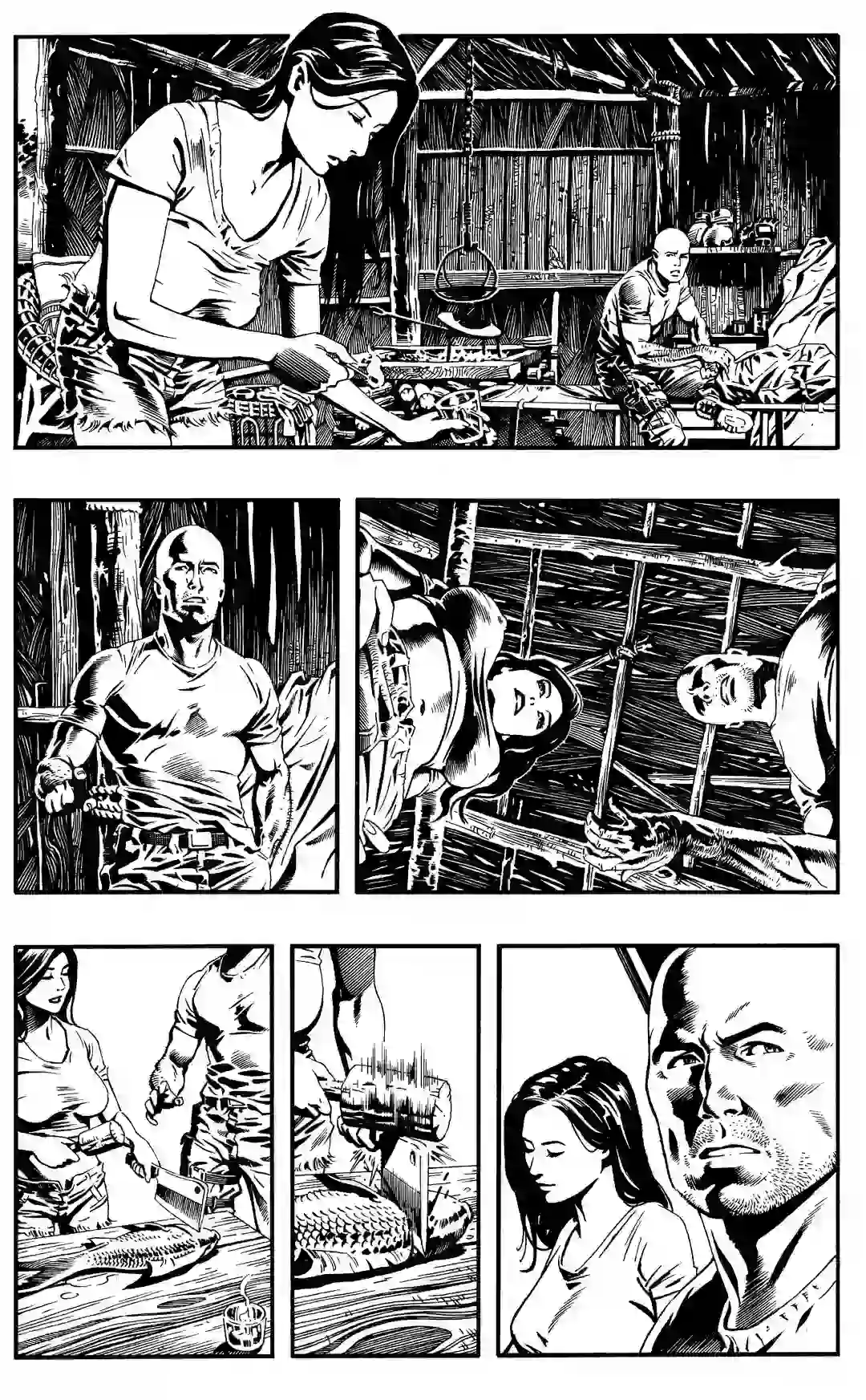 Czarno-biała strona komiksu Gun Honey Vol. 3 #1 (strona 5) po tuszowaniu, przedstawiająca postać Joanny w drewnianym chacie oraz rozmowę z łysym mężczyzną.