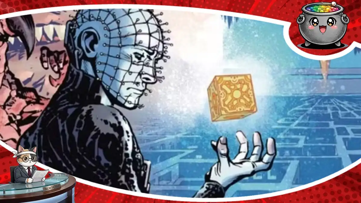 Kadr z komiksu Hellraiser ukazujący postać Pinheada z gwoździami w głowie oraz dłoń sięgającą po tajemniczą, złotą kostkę Lemarchanda.