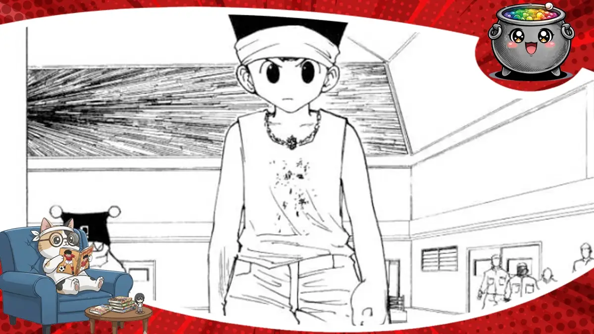 Grafika do recenzji mangi Hunter x Hunter dla tomów 17 do 19, przedstawiająca postać w jasnym ubraniu z opaską na głowie wewnątrz budynku.