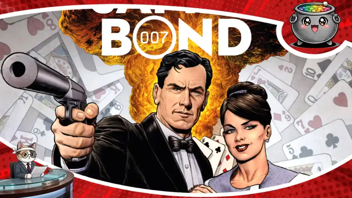 Ilustracja w stylu retro przedstawiająca Jamesa Bonda z pistoletem skierowanym przed siebie, elegancką kobietę u jego boku, wybuch w tle oraz wyłożone karty do gry i logo BOND 007.
