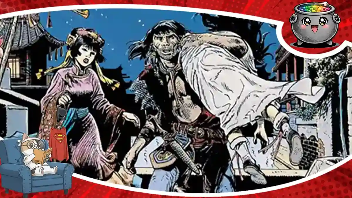 Kadr z komiksu Laleczka z kości słoniowej tom 1 przedstawiający wojownika niosącego kobietę na ramieniu oraz azjatycką kobietę w kimonie na tle nocnej zabudowy.
