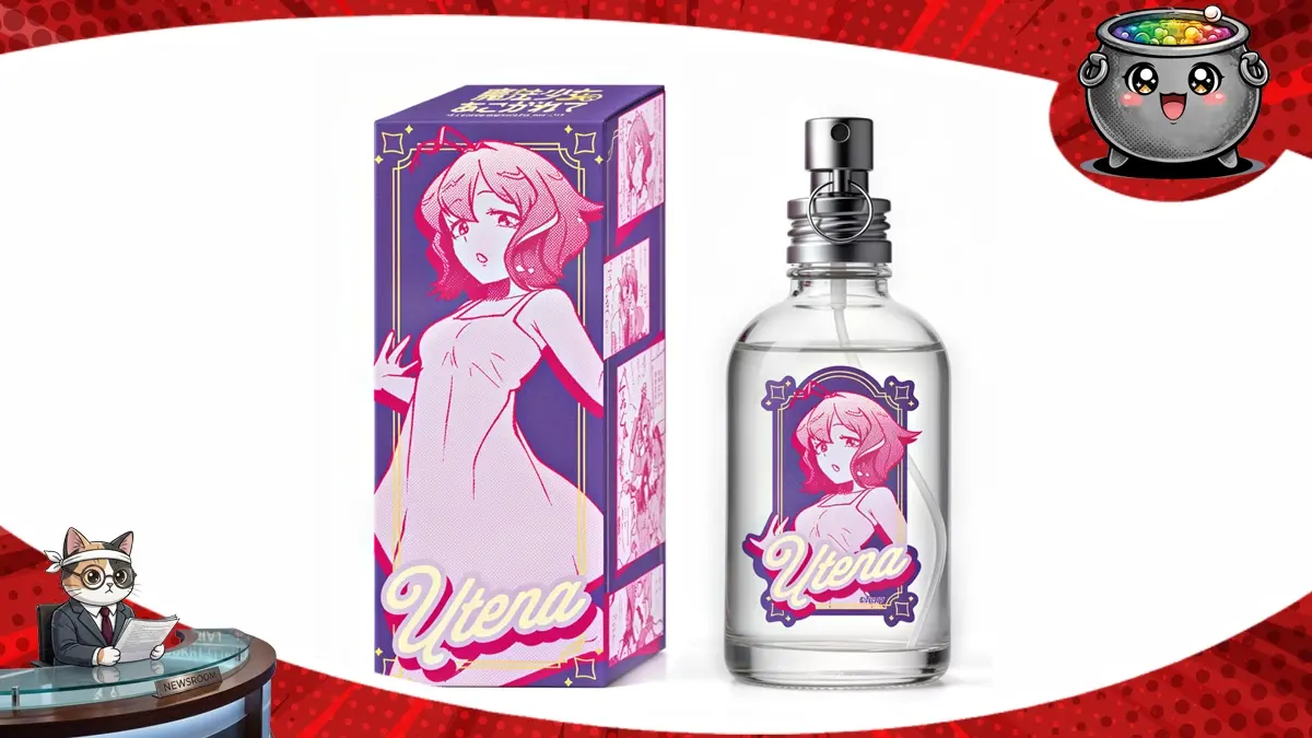 Butelka perfum i ozdobne pudełko inspirowane postaciami Maho Ako i Uteną, które trafiły do sprzedaży w Japonii.