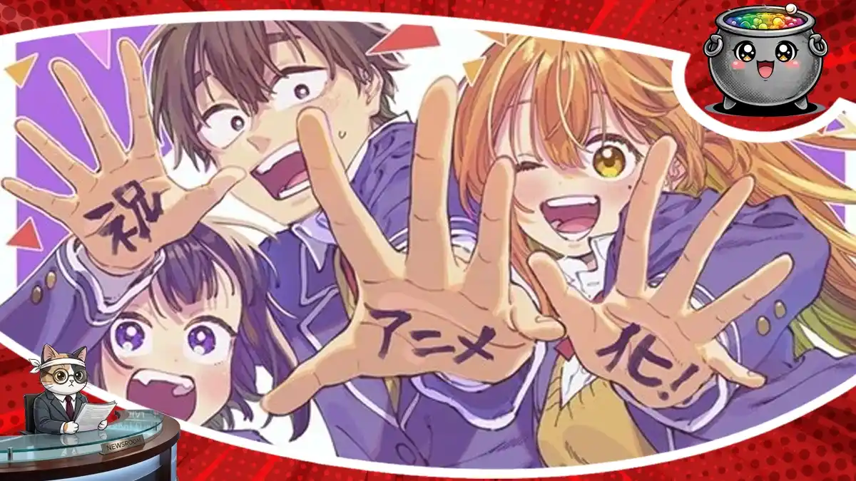 Kolorowa ilustracja promocyjna z bohaterami My Crush's Crush machającymi dłońmi z japońskim napisem celebrującym zapowiedź adaptacji anime.