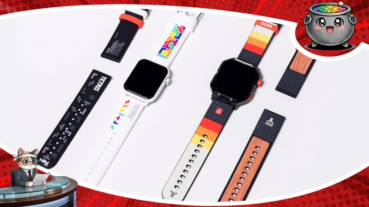 Grafika do newsa o zegarku dla graczy My Play Watch, przedstawiająca smartwatche z motywami z Tetrisa i klasyków Atari oraz wymienne paski.
