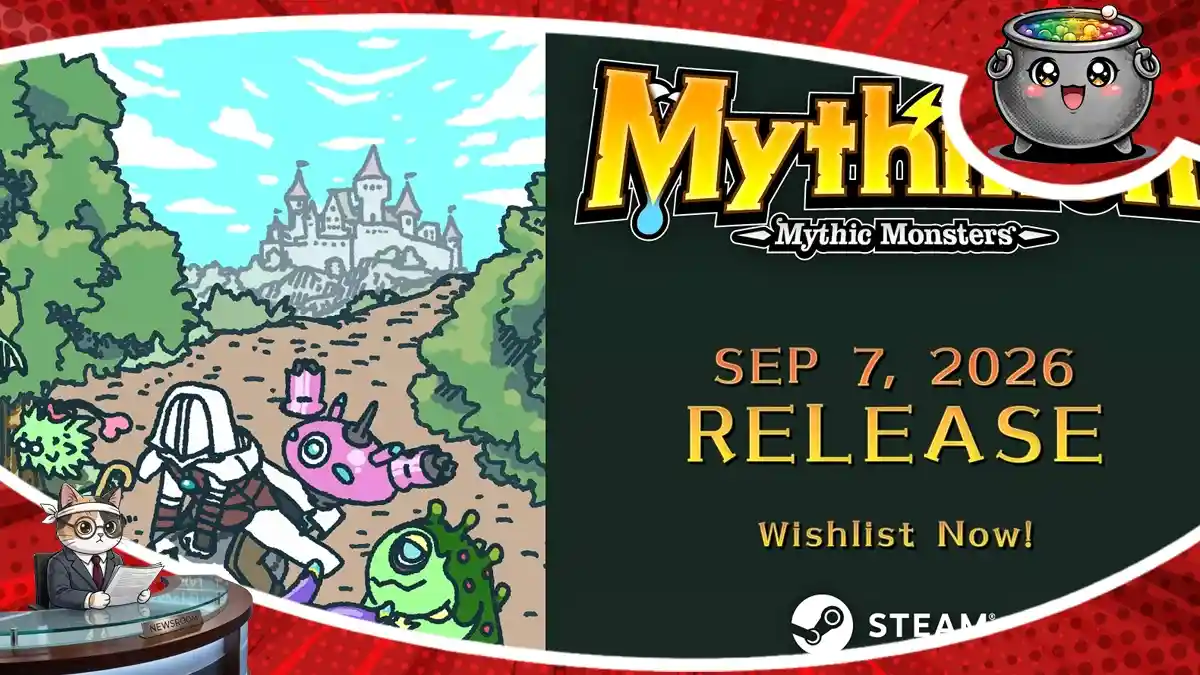 Rysunkowy baner promocyjny gry Mythmon Mythic Monsters z datą premiery 7 września 2026 roku, logo Steam oraz przedstawieniem potworków i postaci w drodze do zamku.