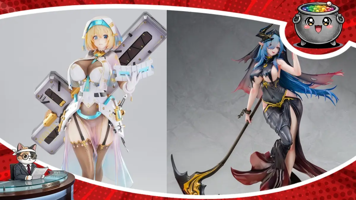 Grafika do newsa o nowych figurkach w przedsprzedaży z serii Berserk, NIKKE i Azur Lane, przedstawiająca szczegółowe figurki kolekcjonerskie anime, na platformach: nie wiadomo.