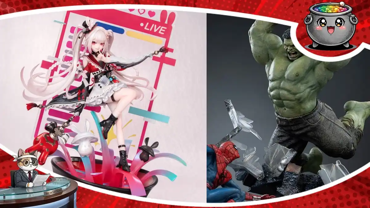 Grafika do newsa o nowych figurkach w przedsprzedaży, na której widoczna jest m.in. postać z białymi włosami, Spider-Man oraz Hulk.