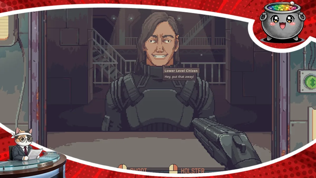 Pikselowa grafika z gry Probably Stolen przedstawiająca cyberpunkowy symulator sklepu, w którym sprzedawca celuje z broni do podejrzanego klienta.