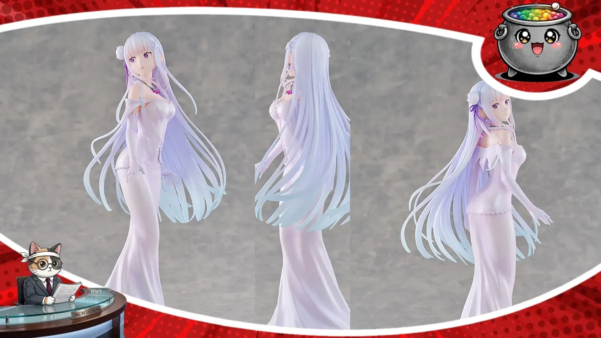 Prezentacja nowej figurki kolekcjonerskiej Emilii z serii Re:Zero w eleganckiej białej sukni ślubnej, pokazana z różnych stron.