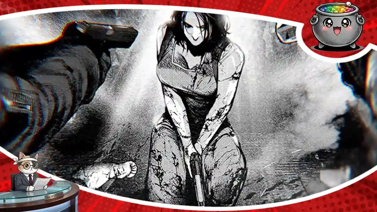 Dynamiczna, czarno-biała grafika komiksowa przedstawiająca Jill Valentine z gry Resident Evil trzymającą pistolet w bojowej postawie, uszkodzony pistolet po lewej stronie oraz zarys postaci na tle pełnym efektów zniszczenia.