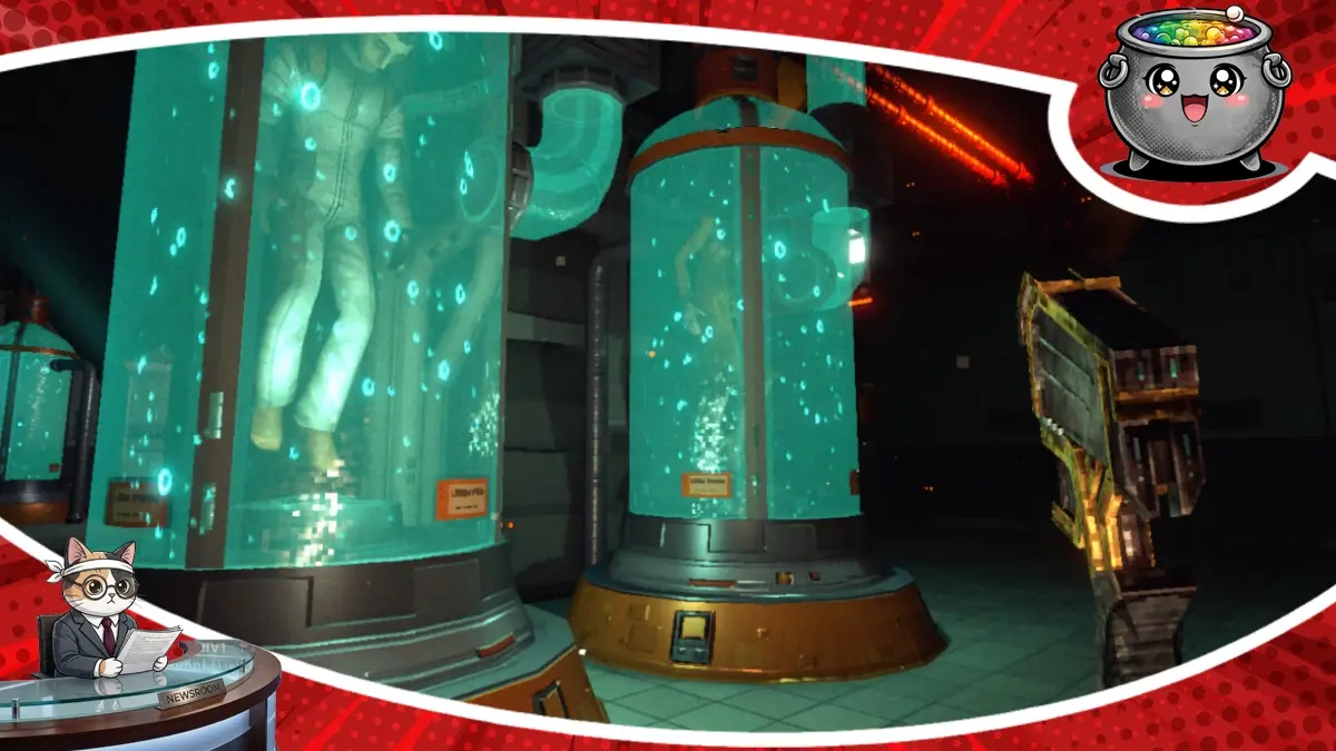 Mroczny zrzut ekranu z gry RetroSpace w klimacie retro-sci-fi przedstawiający laboratorium z wielkimi, podświetlonymi na zielono kapsułami z płynem i postaciami w środku.