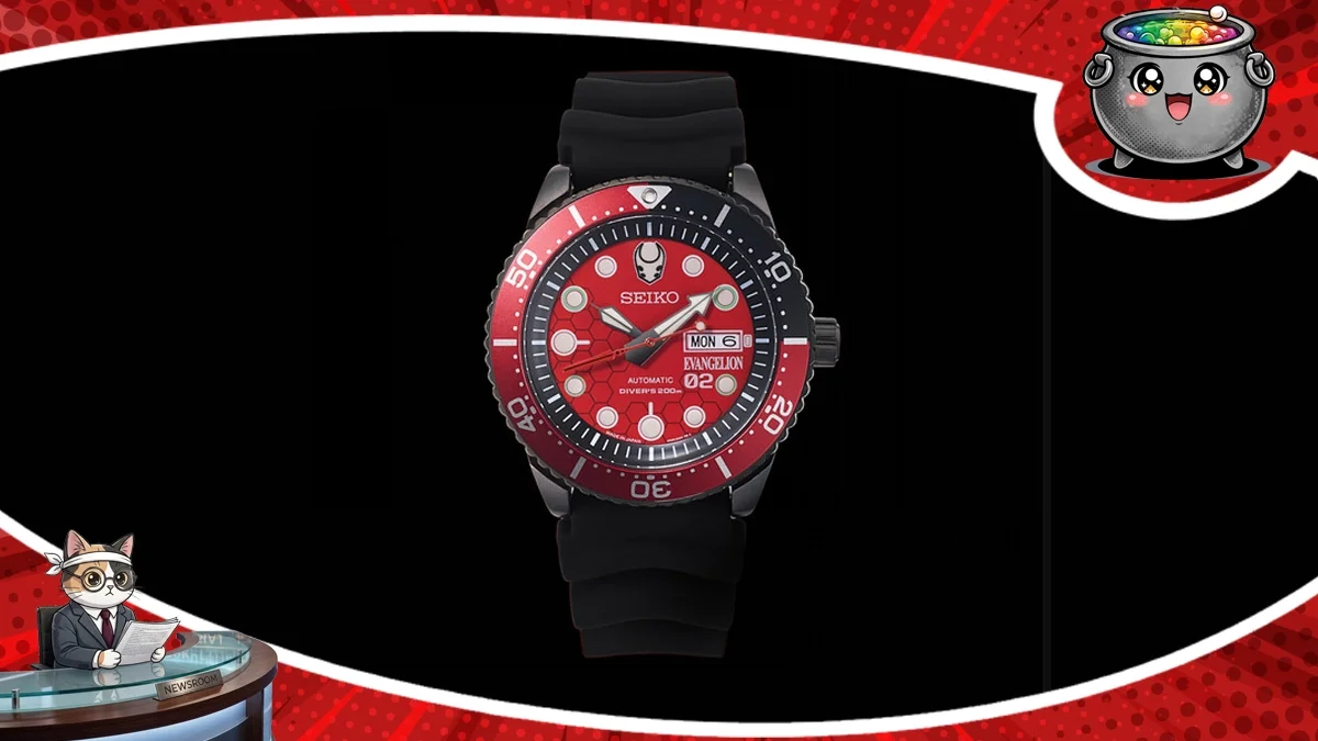 Limitowany naręczny zegarek automatyczny Seiko z edycji Evangelion w czerwono-czarnym kolorze z motywem jednostki EVA-02 na czarnym tle.